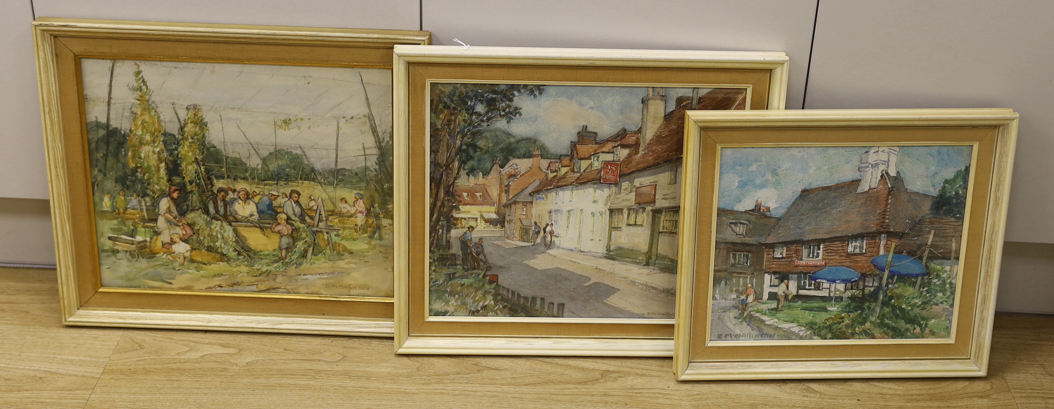 Ethel May Mallinson (1878 – 1970) Three watercolours, Kent Hop-pickers, The Ivy House and the Man of Kent in Tunbridge, each signed, largest 40 x 33cm